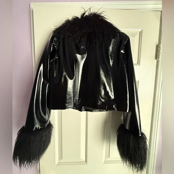 Black Shiny Faux Fur Trimmed Jacket - Picture 4 of 6